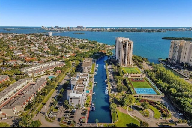 aerial view featuring a water view