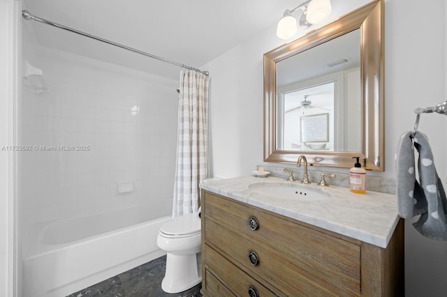 full bathroom featuring shower / tub combo, vanity, and toilet