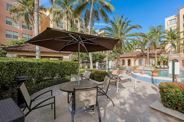 view of patio / terrace with a pool with hot tub