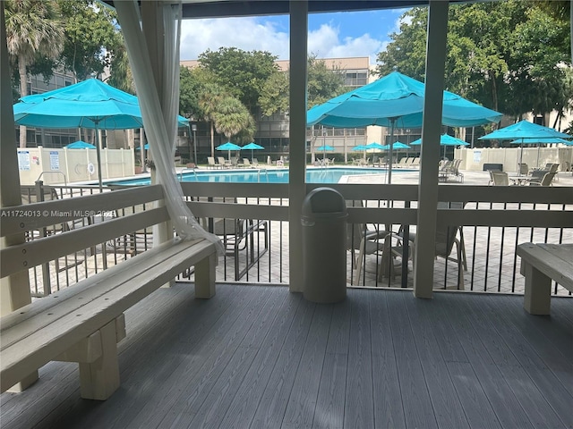 exterior space with fence and a community pool