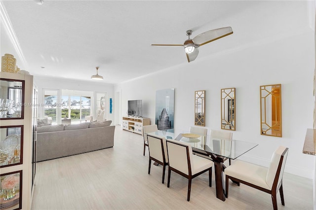 dining room with ceiling fan, ornamental molding, and light hardwood / wood-style flooring