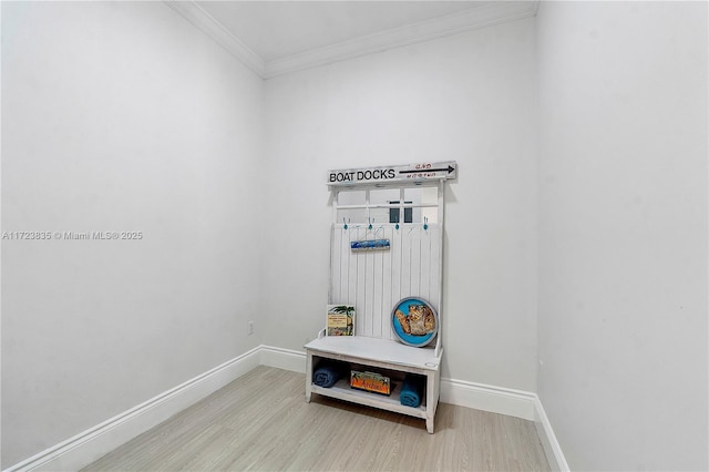 mudroom featuring crown molding and light hardwood / wood-style floors