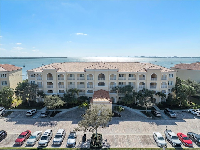 view of building exterior featuring a water view