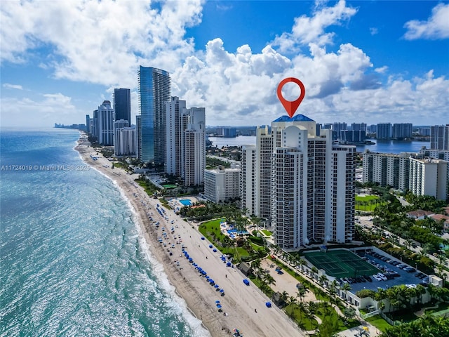 aerial view with a view of the beach and a water view