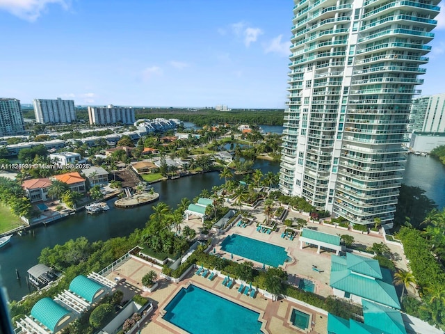 drone / aerial view featuring a water view