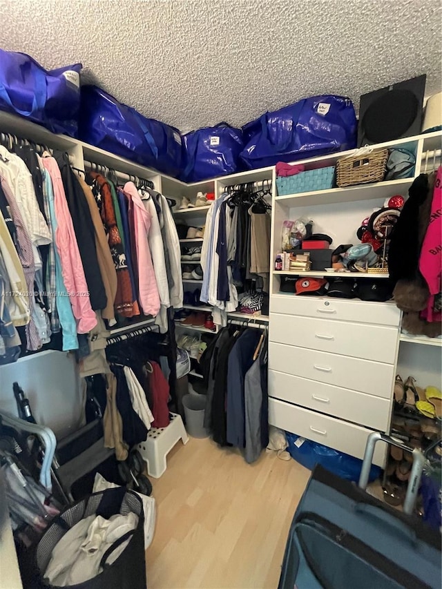 walk in closet with light hardwood / wood-style floors