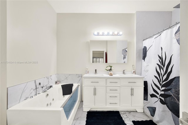 bathroom featuring separate shower and tub and vanity