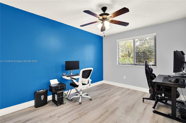 office area featuring ceiling fan and light wood-type flooring