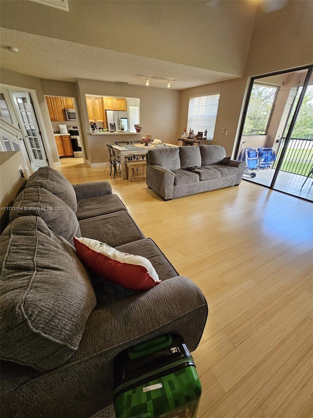 living room with light hardwood / wood-style flooring and a textured ceiling