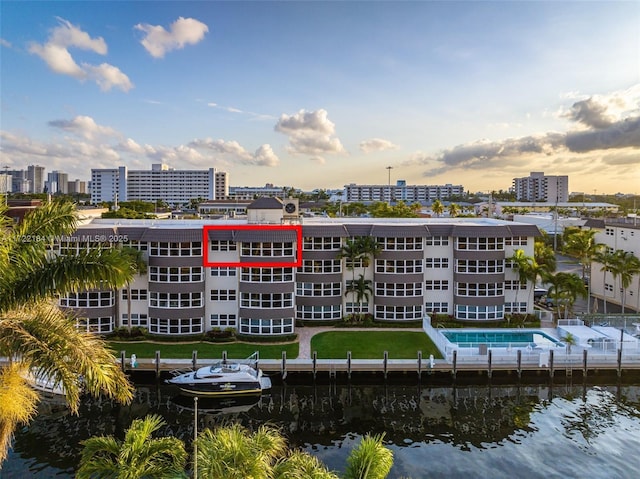 outdoor building at dusk with a water view