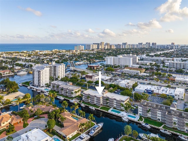 drone / aerial view featuring a water view