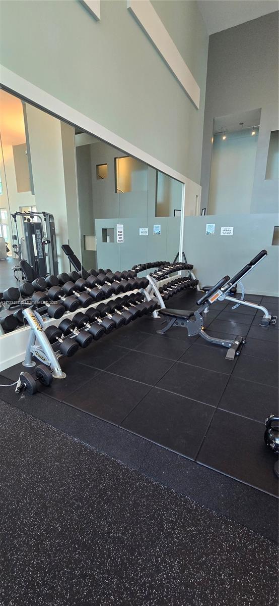 exercise room with a towering ceiling