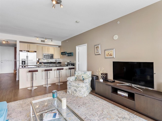 living room with dark hardwood / wood-style flooring