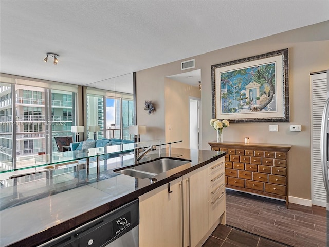 kitchen with a textured ceiling, dishwasher, and sink