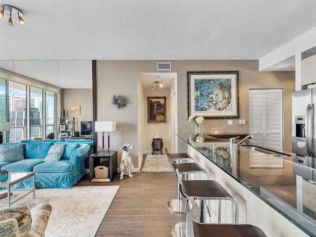 living room featuring a textured ceiling, light wood-type flooring, and sink