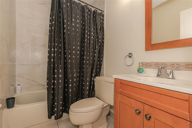 full bathroom with tile patterned flooring, shower / bath combo, toilet, and vanity