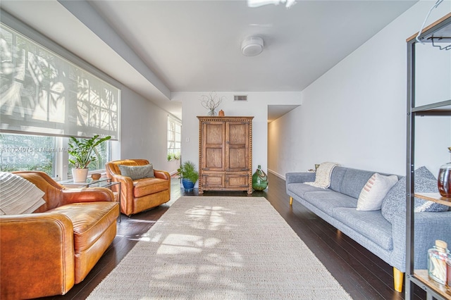 living room with dark hardwood / wood-style flooring