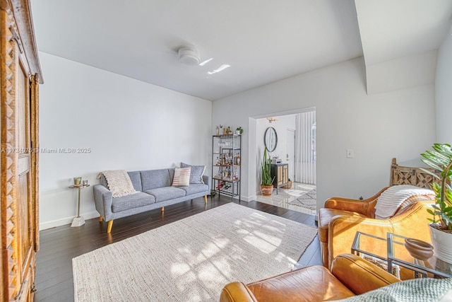 living room with dark hardwood / wood-style flooring