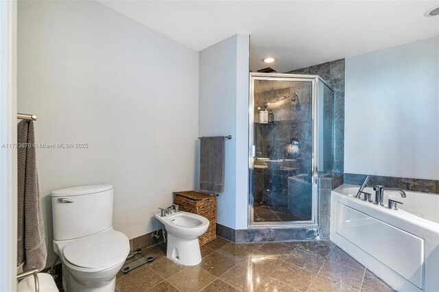 bathroom with toilet, plus walk in shower, and a bidet