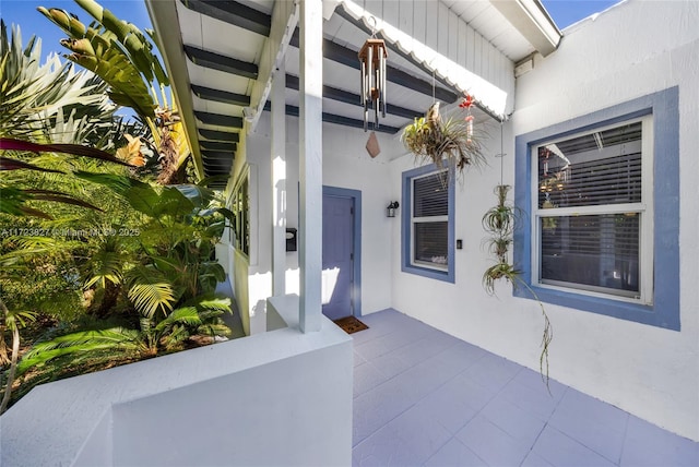 doorway to property featuring stucco siding
