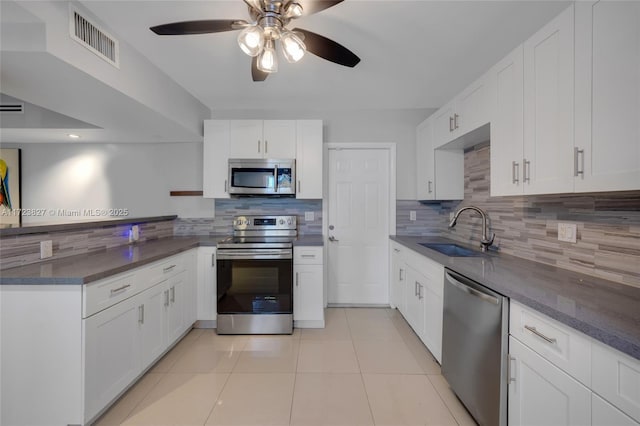 kitchen featuring decorative backsplash, sink, white cabinets, and appliances with stainless steel finishes