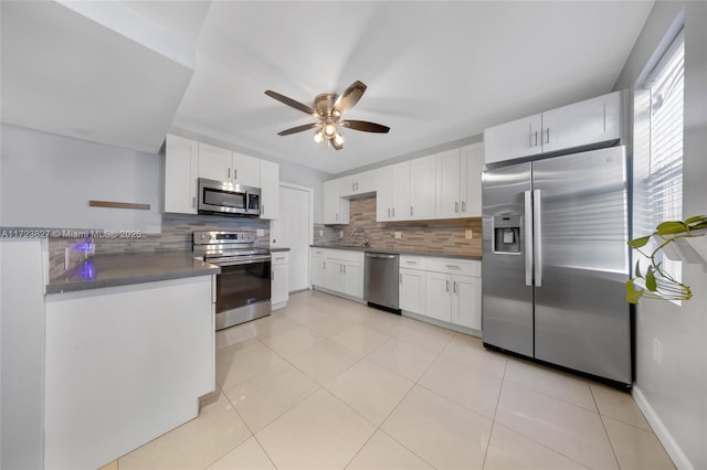 kitchen with dark countertops, stainless steel appliances, tasteful backsplash, and ceiling fan