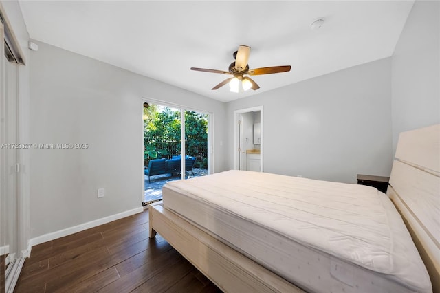 bedroom with dark wood finished floors, baseboards, a ceiling fan, and access to outside