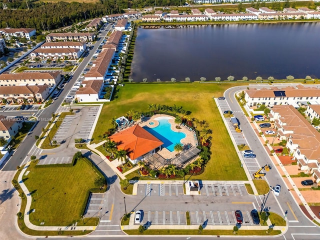 aerial view featuring a water view