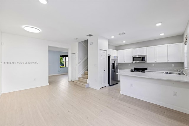 kitchen featuring kitchen peninsula, stainless steel appliances, sink, light hardwood / wood-style flooring, and white cabinets