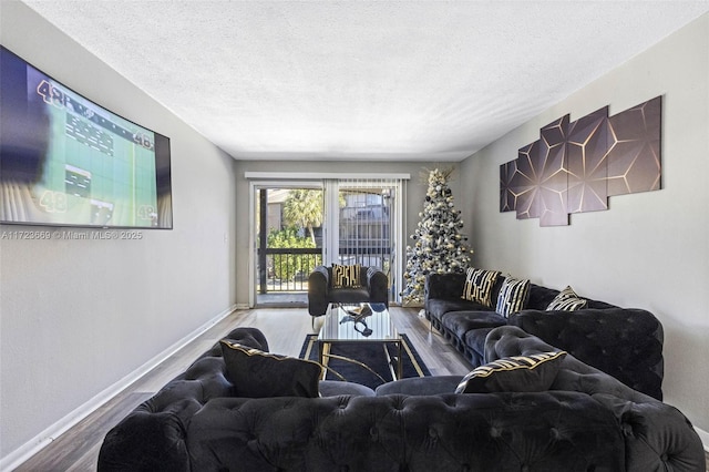 living room featuring hardwood / wood-style floors and a textured ceiling