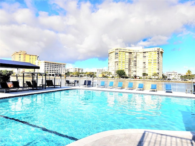 view of swimming pool with a patio