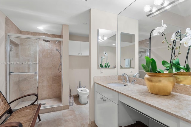 bathroom with vanity, a bidet, a shower with shower door, and an inviting chandelier