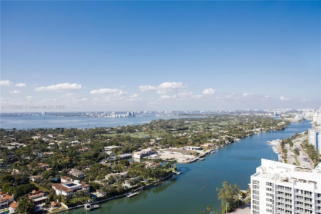 aerial view featuring a water view