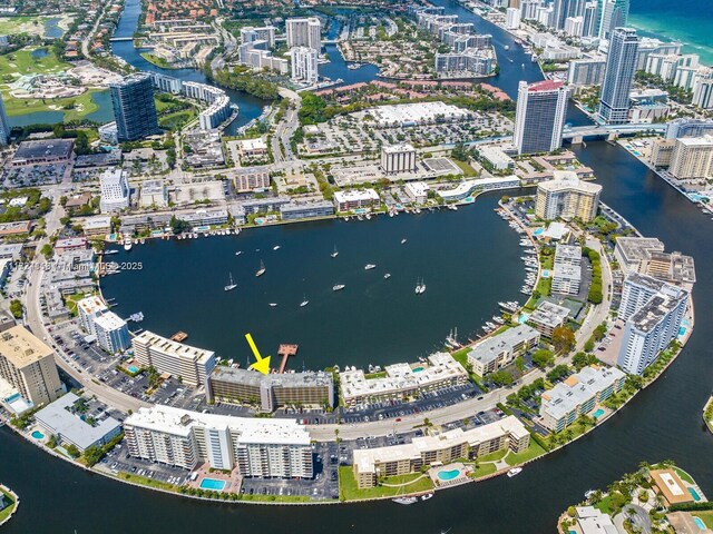 aerial view featuring a water view