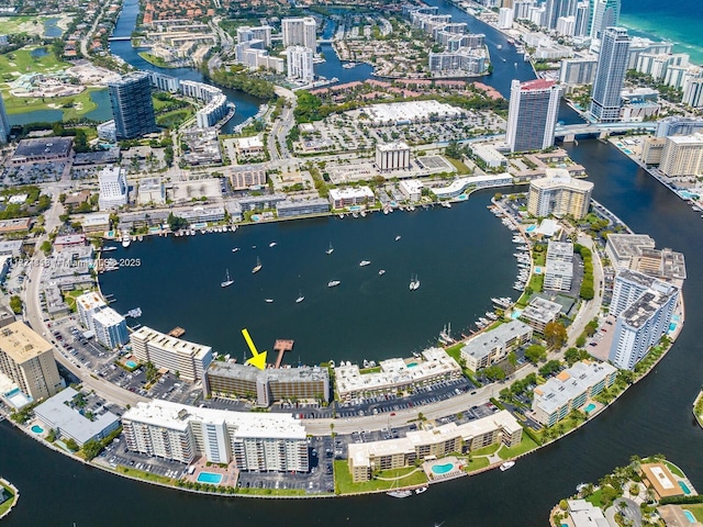 drone / aerial view with a water view and a city view