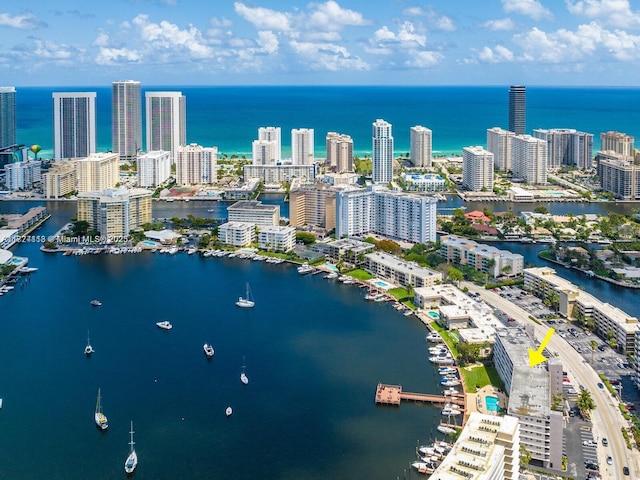 birds eye view of property featuring a view of city and a water view