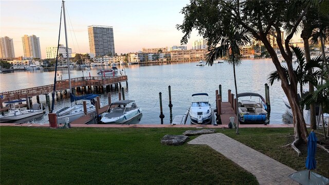 dock area featuring a yard and a water view