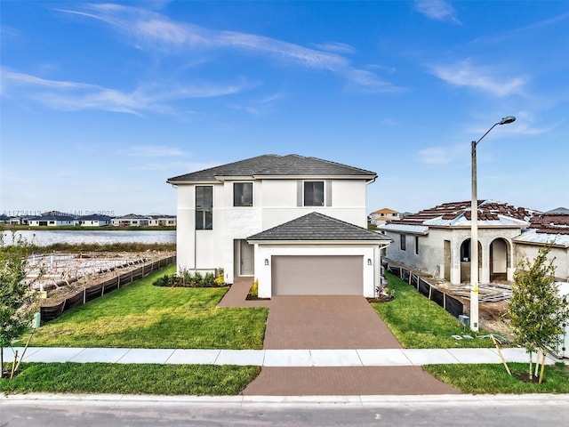 view of front of home featuring a front lawn and a water view