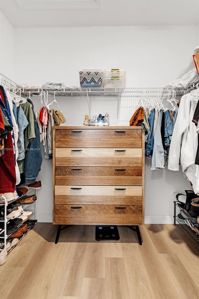 walk in closet with hardwood / wood-style floors