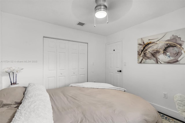 bedroom with ceiling fan and a closet