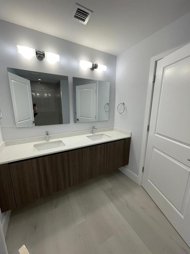 bathroom with vanity and wood-type flooring