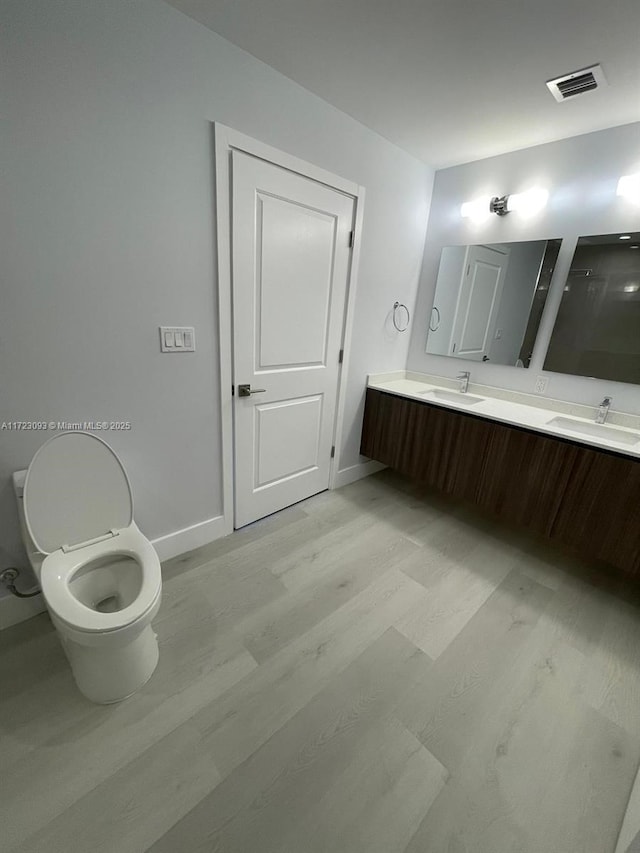 bathroom with hardwood / wood-style floors and vanity