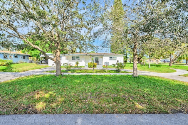 view of front of house featuring concrete driveway and a front lawn