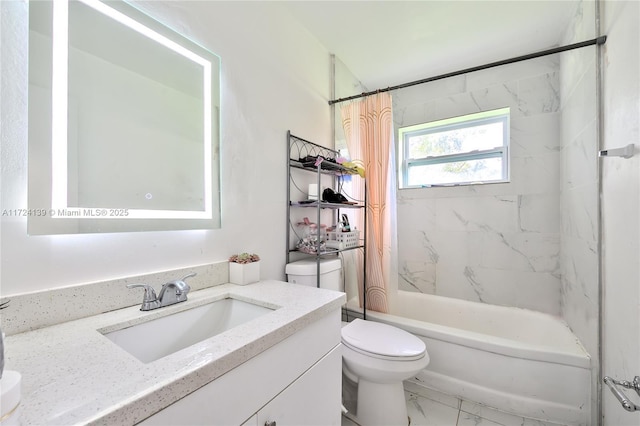 full bathroom with vanity, toilet, and shower / bathtub combination with curtain