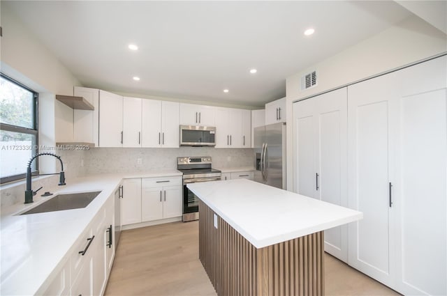 kitchen with decorative backsplash, appliances with stainless steel finishes, sink, white cabinets, and a kitchen island