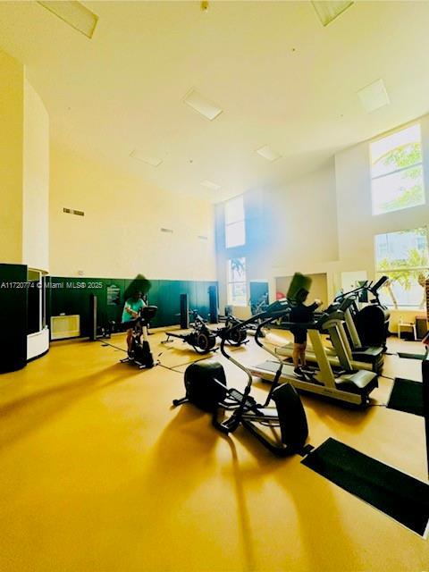 exercise room featuring a high ceiling