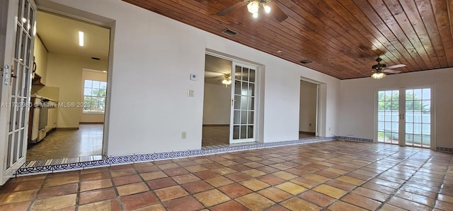 spare room with ceiling fan, tile patterned floors, wood ceiling, and french doors