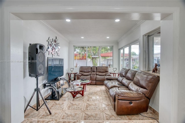 living room with ornamental molding