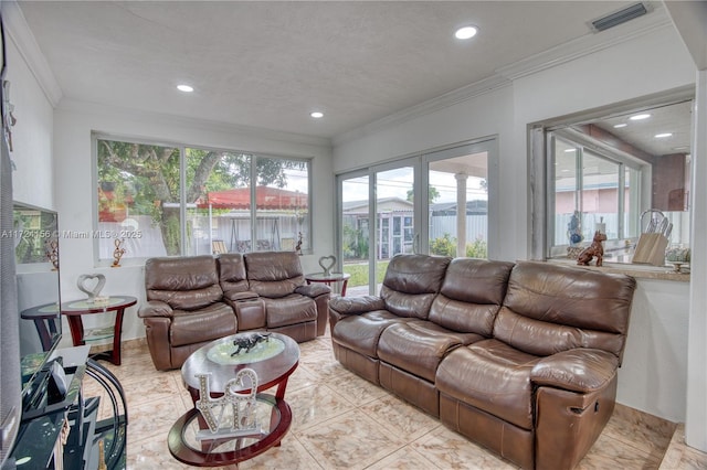 tiled living room featuring crown molding and a water view