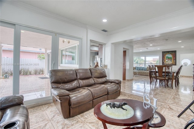 living room with ornamental molding